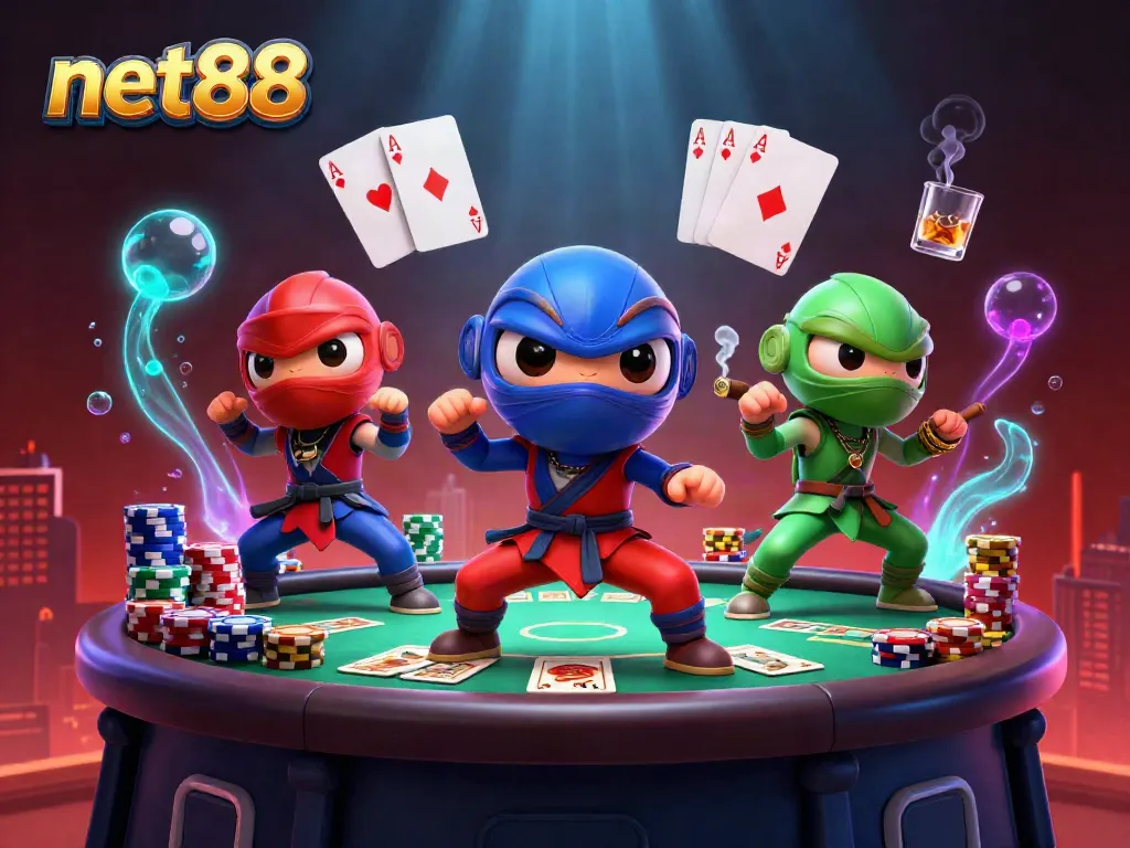 Experience thrilling poker action with net88's vibrant casino scene featuring ninja chameleon characters.