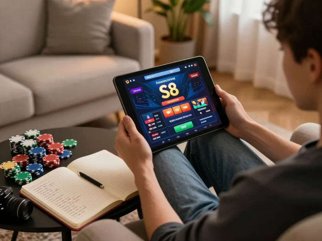 Player engaging with the S8 casino app on tablet, showcasing a warm and inviting online gambling atmosphere