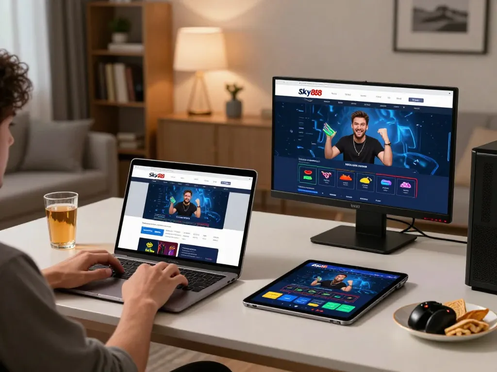 Engaging online gambling moment showcasing Website Sky88 gaming interface on laptop and tablet in a stylish setting.