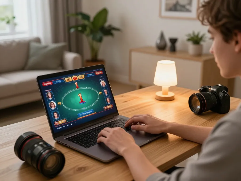 78win online gaming experience at home, with player engaged in poker strategy on laptop, cozy atmosphere