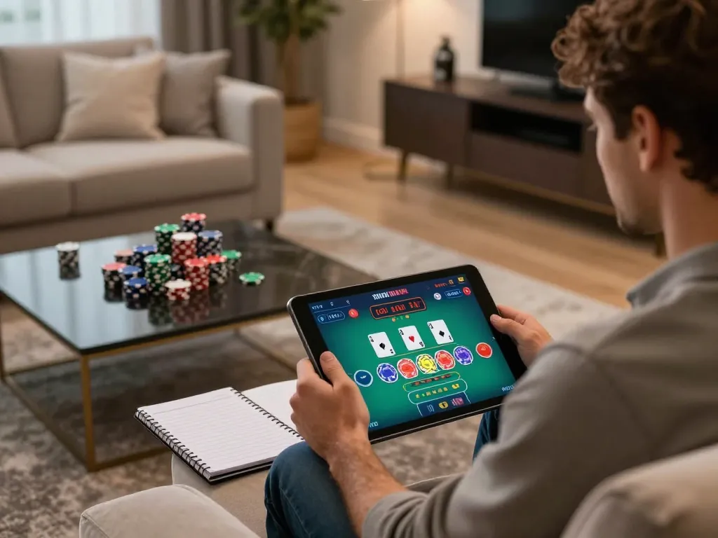 Kuwin player enjoying a live dealer blackjack game on a tablet with cozy home decor
