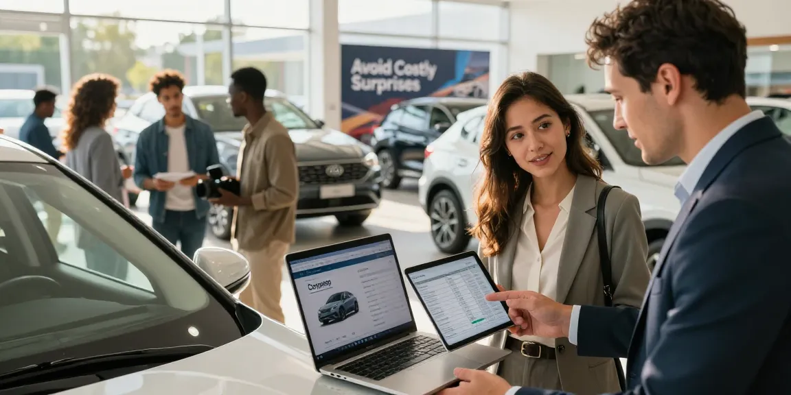 HPI check alternative with potential car buyers reviewing a vehicle history report in a dealership.