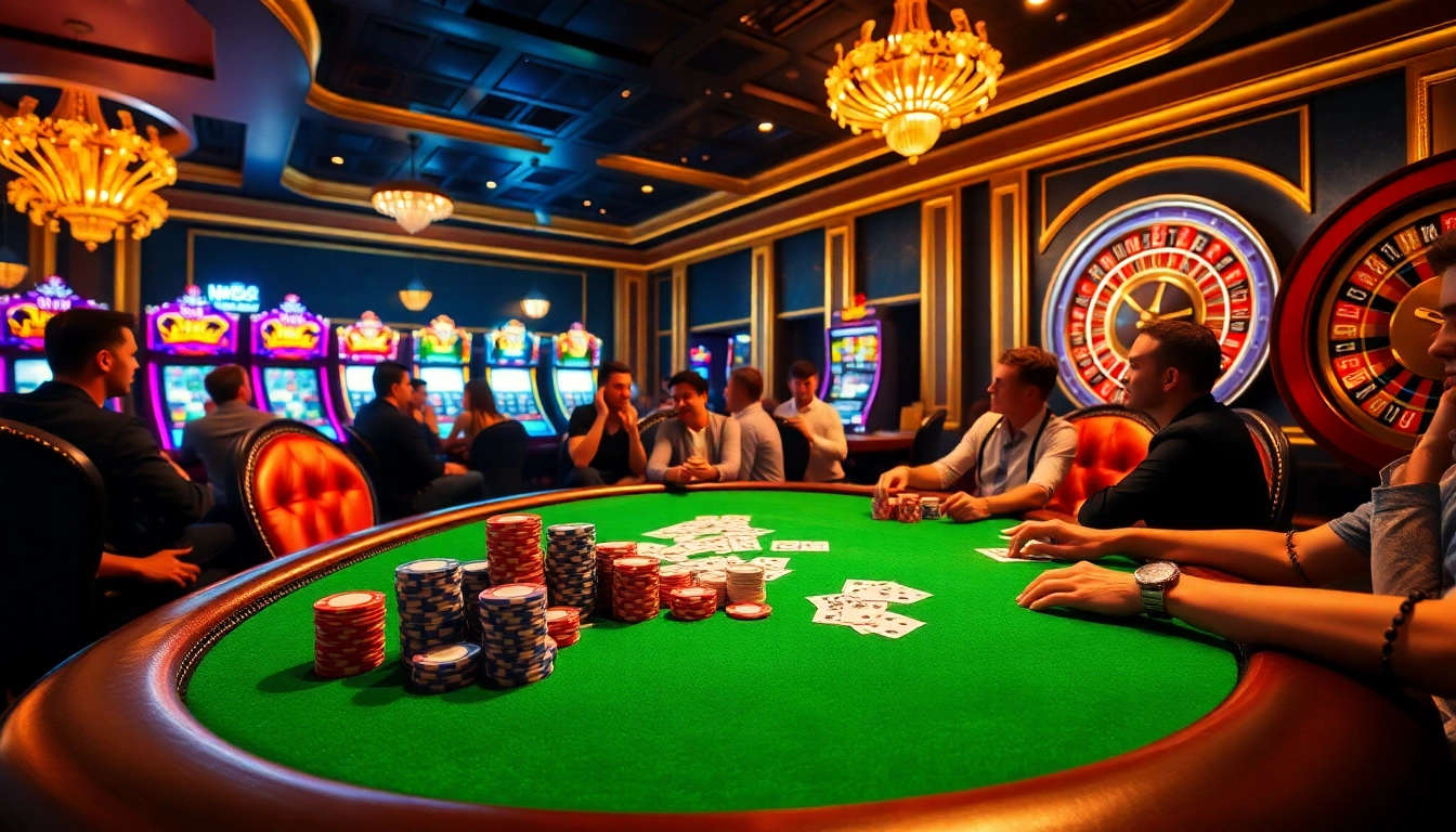 Gambling excitement at NK88's luxurious poker table with vibrant chips and cards.