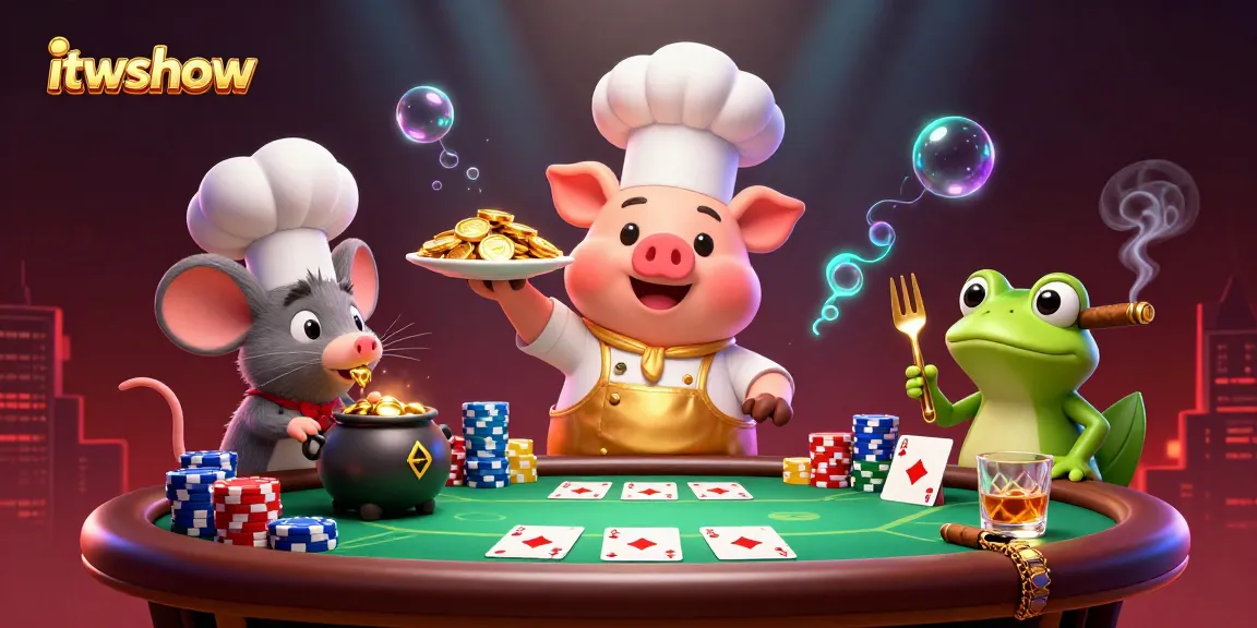 Engage with itwshow's interactive casino scene featuring a chef pig and playful characters amidst vibrant gambling elements.