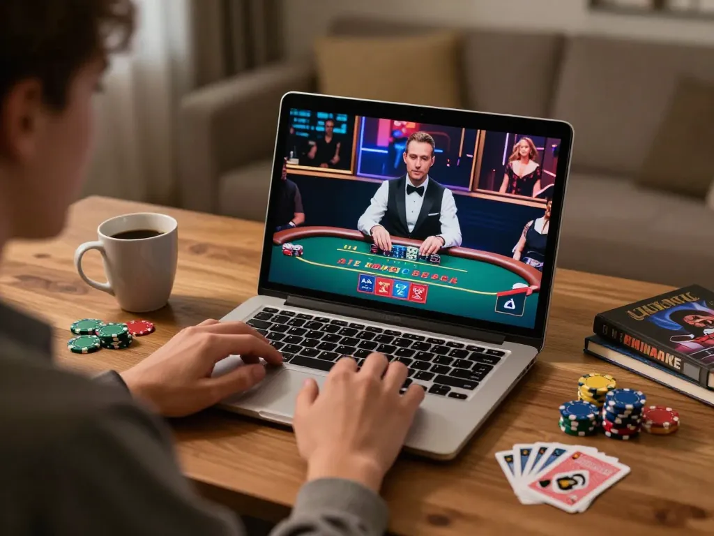 Gambling enthusiast playing live dealer blackjack on laptop in iwin club.