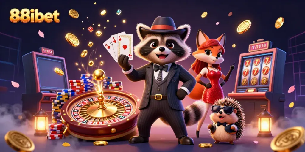 Experience 88ibet's vibrant casino world with characters celebrating a royal flush and casino excitement.