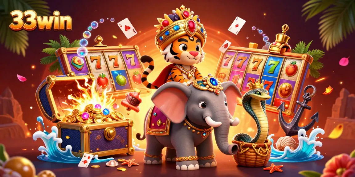 Engage with the vibrant world of 33win slots, featuring a maharaja tiger and a jewel-encrusted elephant.