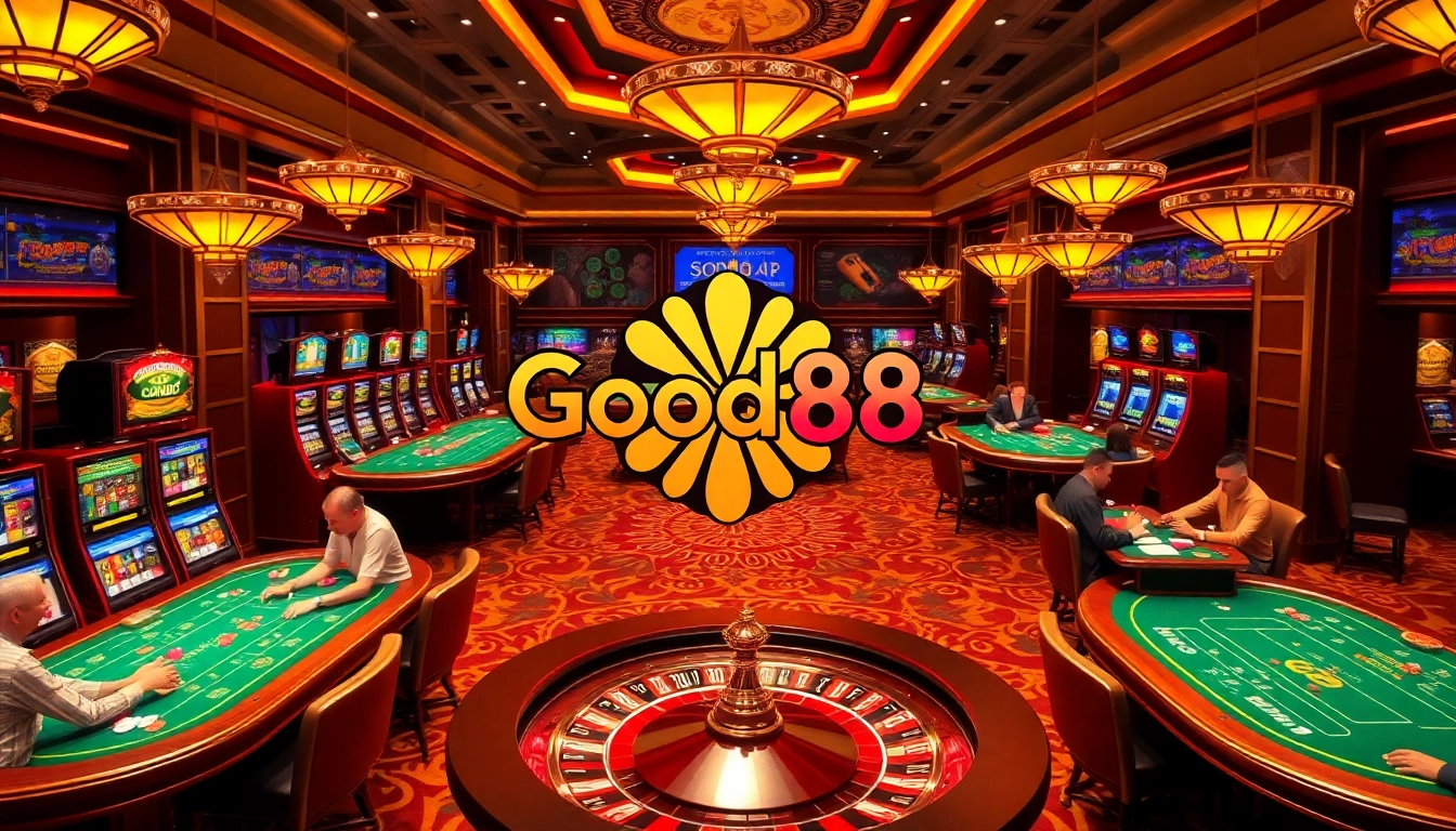 Experience the luxury of Good88 with an engaging casino scene featuring gaming tables and vibrant slot machines.