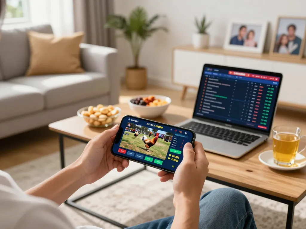 Betting on đá gà mb66 via mobile app in a cozy home environment with snacks and lively atmosphere.