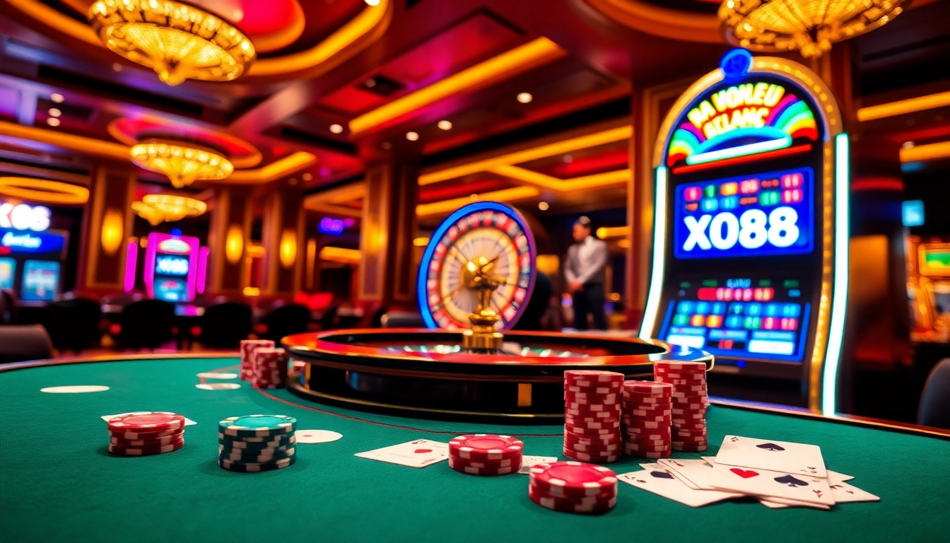 Experience the excitement of gambling with xo88's vibrant casino scene featuring poker chips and slot machines.