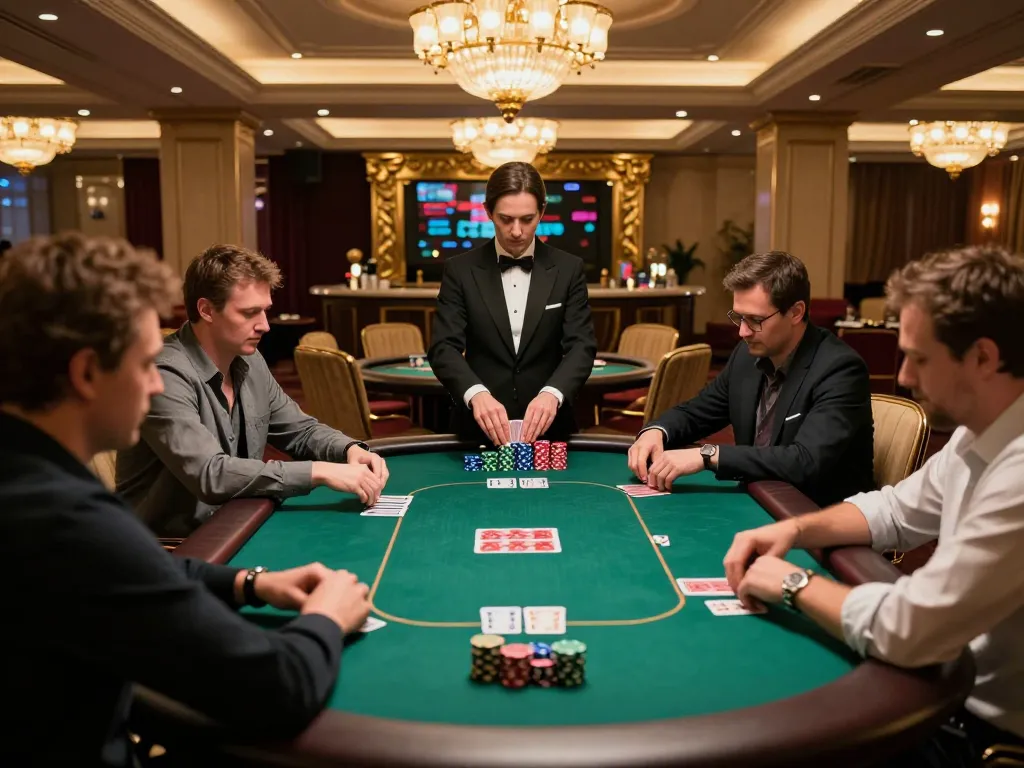 Engaged players betting at bet88 poker table with dealer shuffling cards in luxury casino.