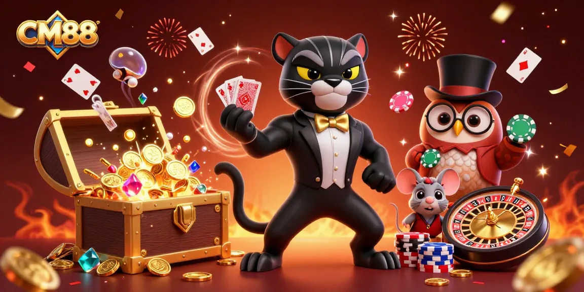 Join the fun at CM88 casino, where a stylish panther deals cards amidst vibrant casino elements.