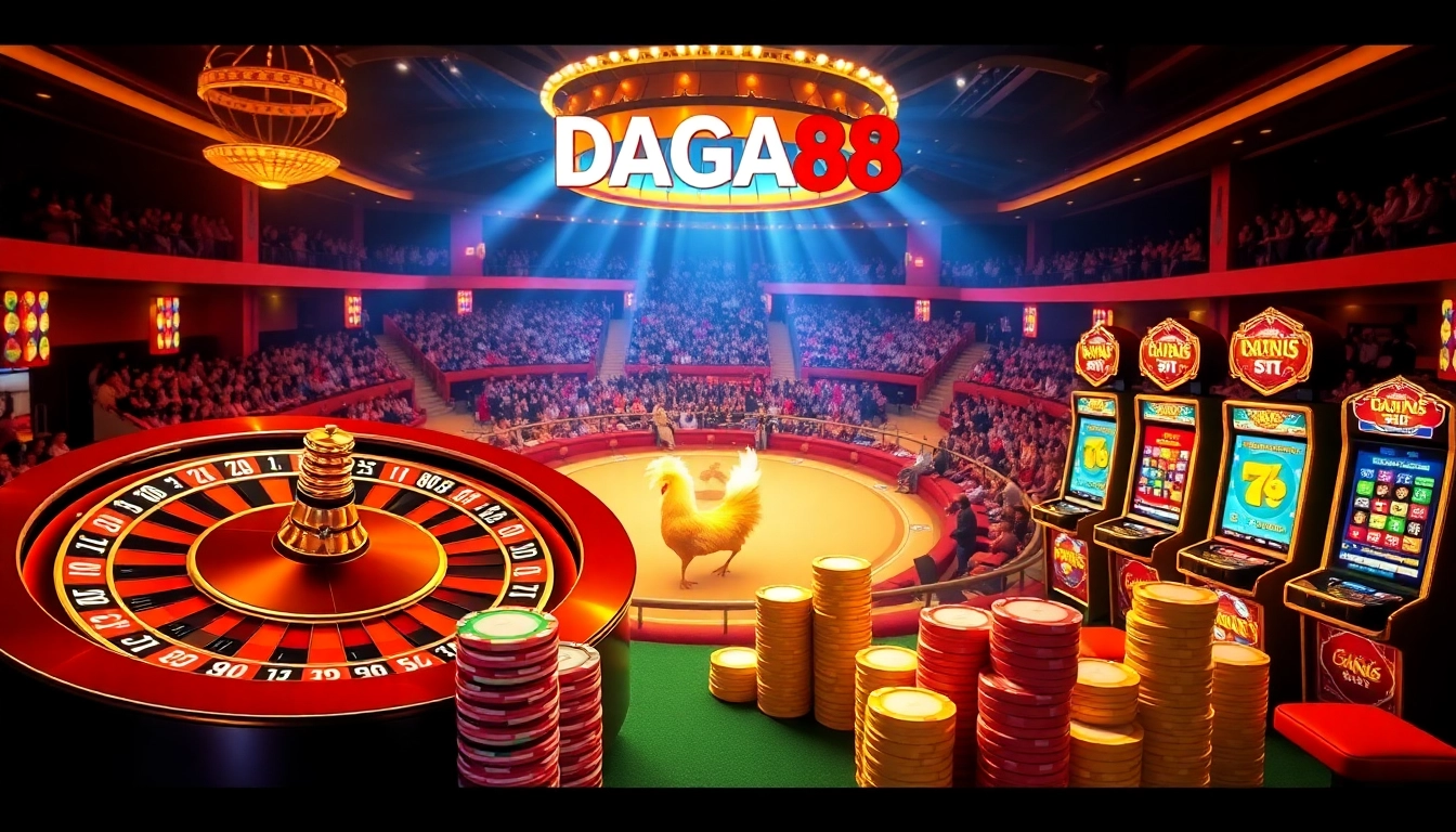 DAGA88 live streaming of dynamic casino games with roulette, poker chips, and vibrant atmosphere.