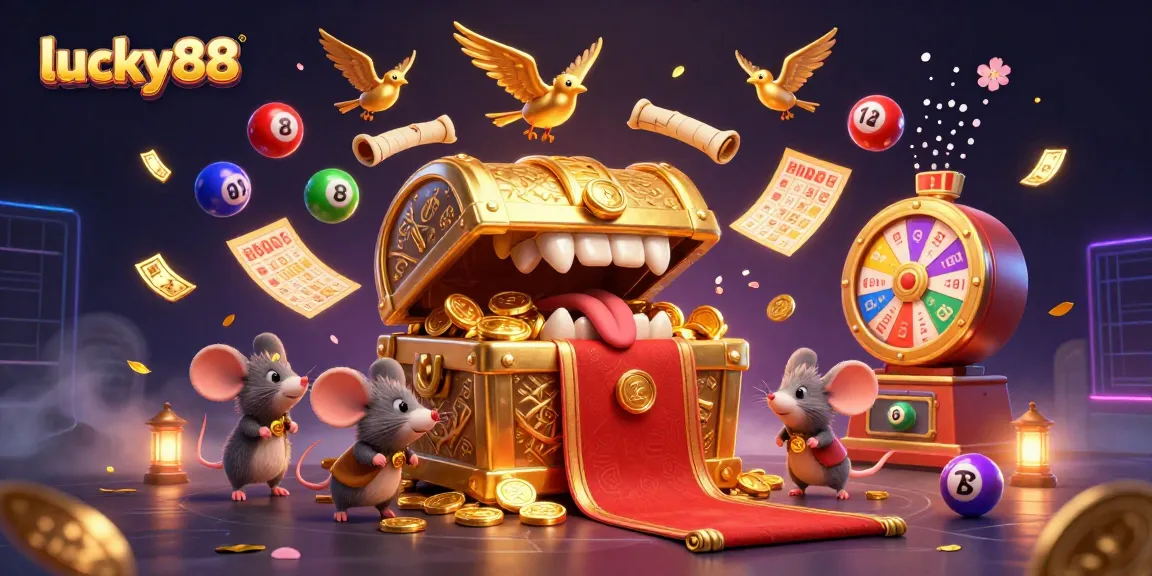 Engage with lucky88 as adventure mice approach a treasure chest filled with gold in this vibrant casino-themed illustration.