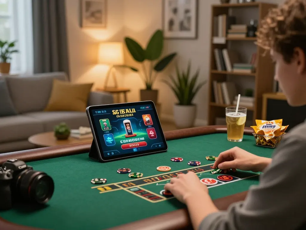 Player enjoying gk88 online gaming on tablet in a cozy living room setting