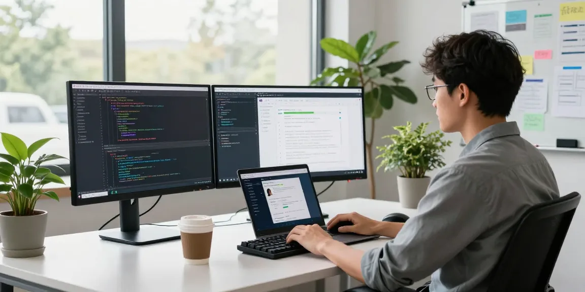 vds satın al in a modern tech workspace with developers coding on multiple screens and vibrant productivity elements.