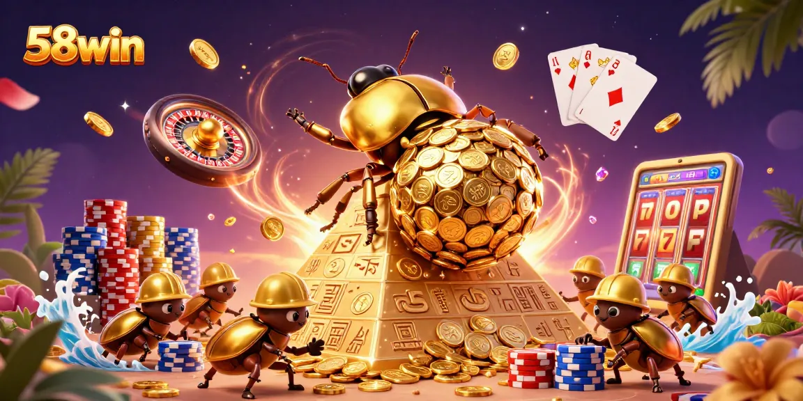 Experience the excitement of 58win with a vibrant illustration of golden bugs and casino action.