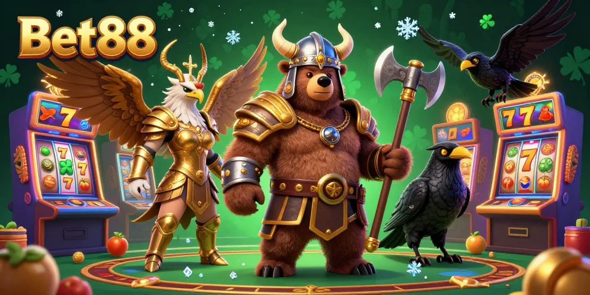 Experience exhilarating slots action at Bet88, featuring a Viking bear, Valkyrie, and slot machines.