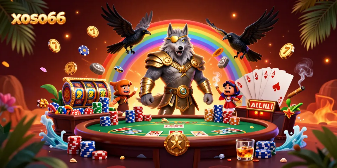 Play exciting games at xoso66, featuring Odin and ravens on a casino chip bridge.