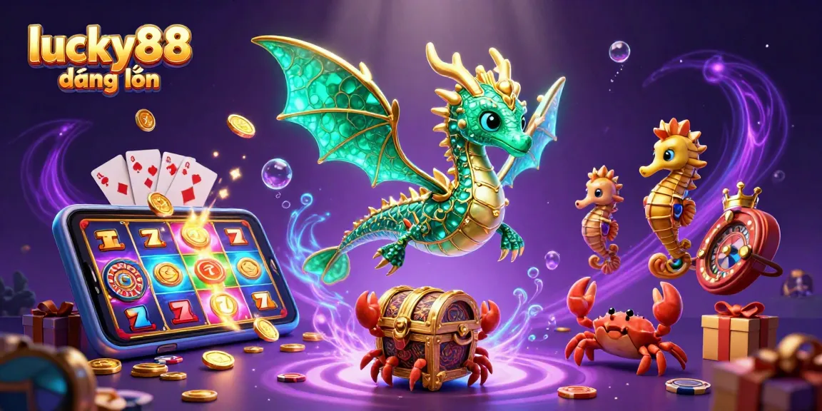 Engage with lucky88 đăng nhập using a vibrant 3D digital illustration showcasing casino slots and mythical sea creatures.