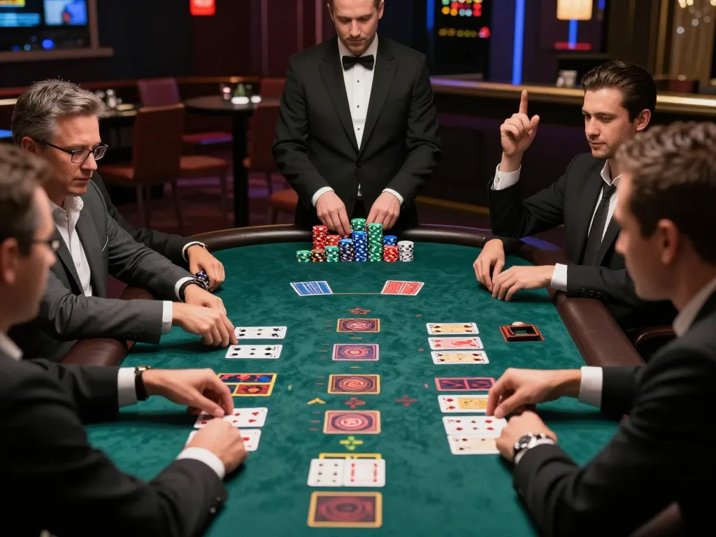 Engaged players at an F168 blackjack table celebrating a winning hand in a vibrant casino atmosphere.