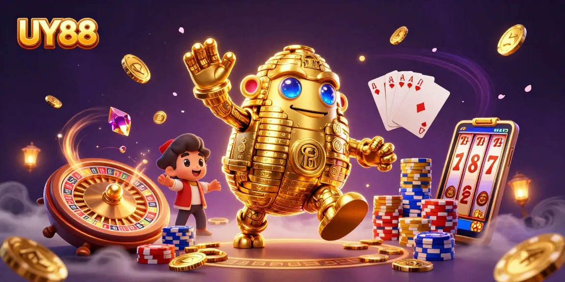 Experience UY88's innovative casino adventure with a golden golem amidst magical gaming elements.
