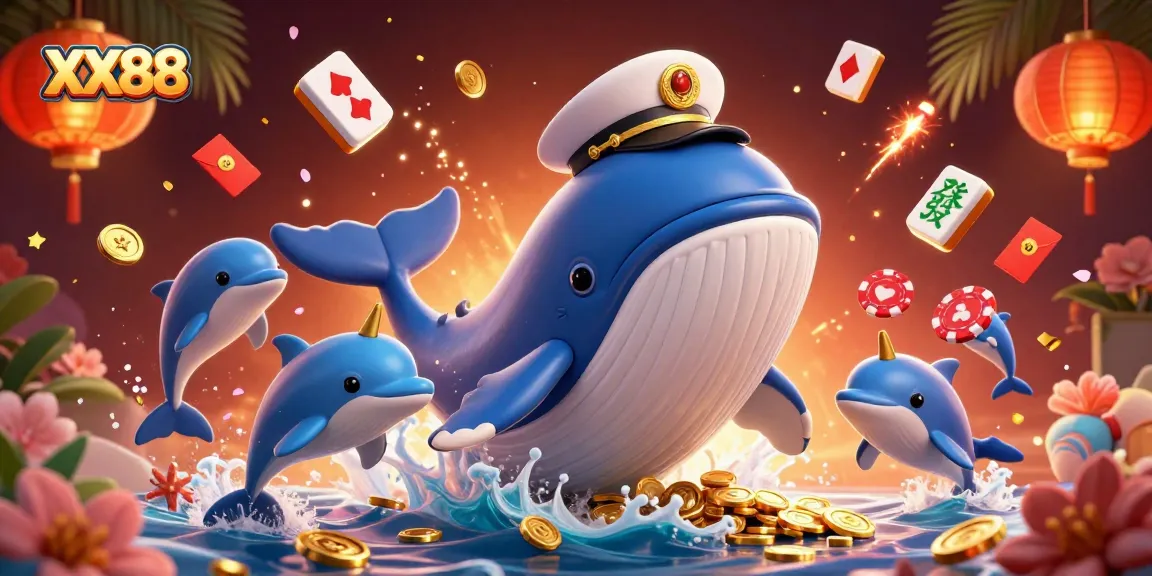 Experience thrilling gaming with XX88, featuring playful dolphins and a golden narwhal in a vibrant casino-themed scene.