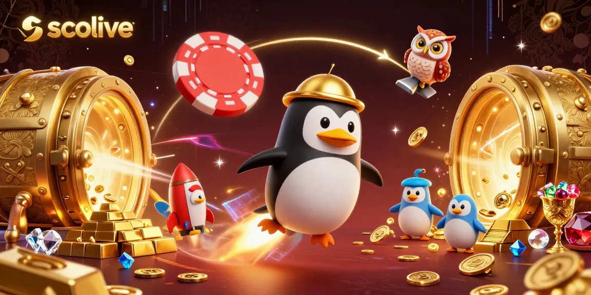 Socolive offers an exciting gambling experience with a golden penguin racing to a casino station amidst treasure visuals.