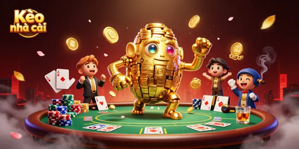 Place bets with Kèo nhà cái featuring a golden golem, poker chips, and cards.