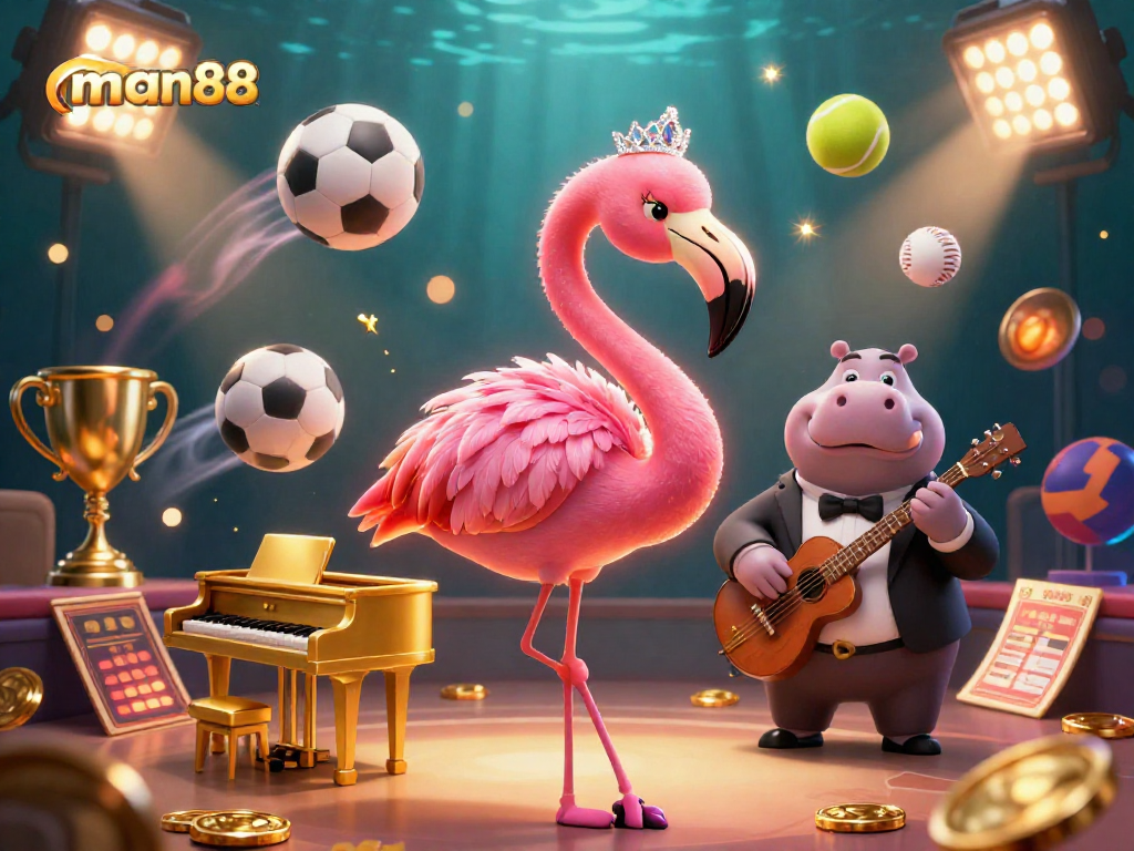 Experience thrilling action with man88, featuring a flamingo singer and hippo bassist in a dynamic casino scene.