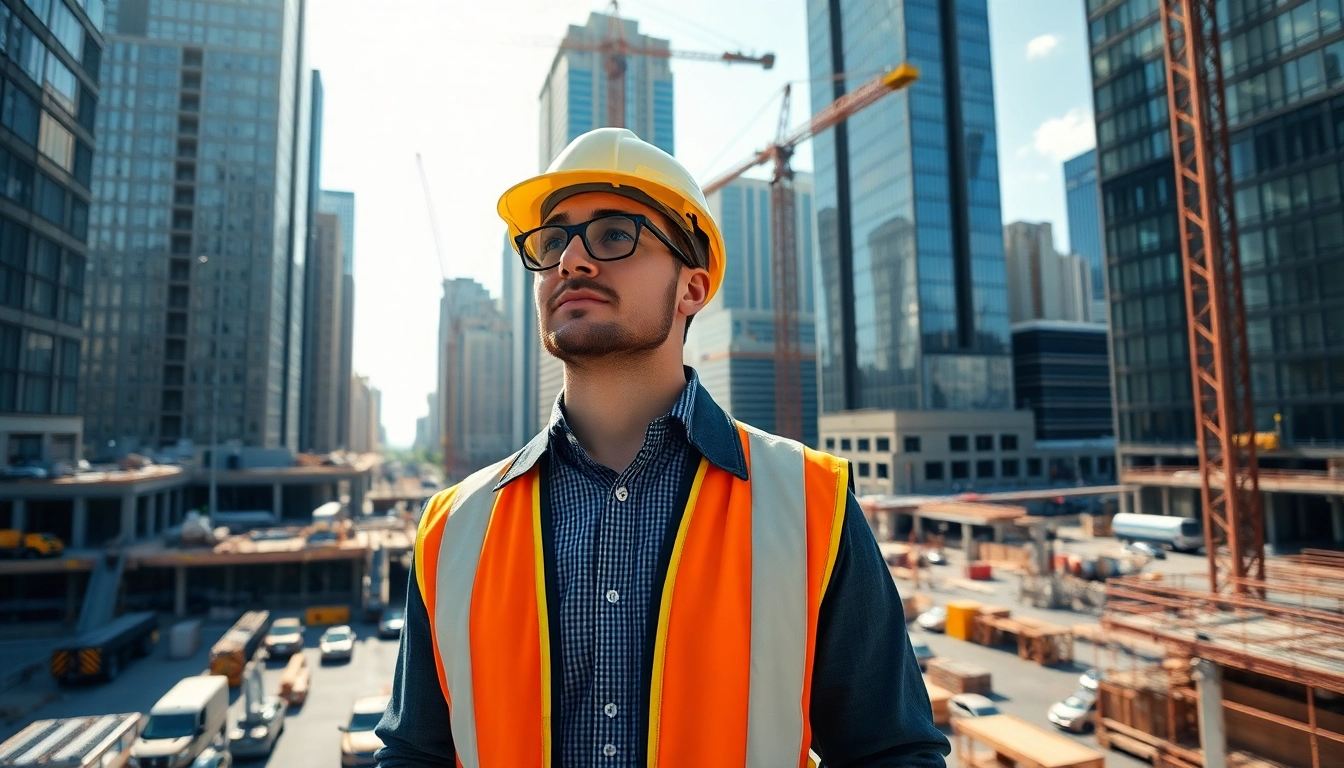 New York Construction Manager directing a busy construction site with cranes and workers.