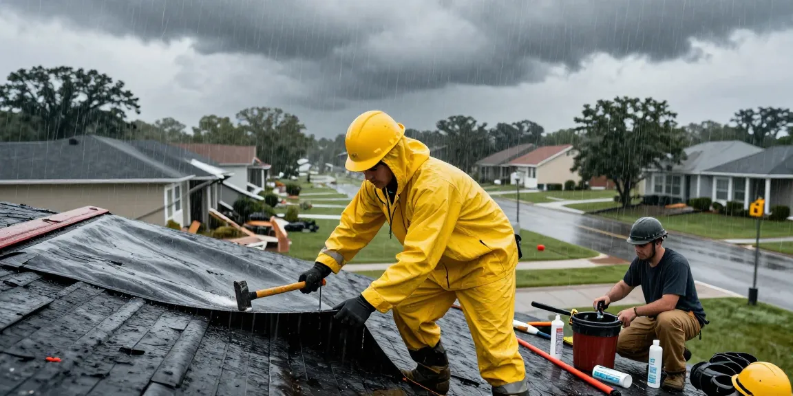 Emergency roof repair in Tampa https://avatarroofing.com/residential-roofing-tampa/roof-repair-tampa/emergency-roof-repair-tampa/ with roofers tarp covering home during storm, emphasizing urgent servi