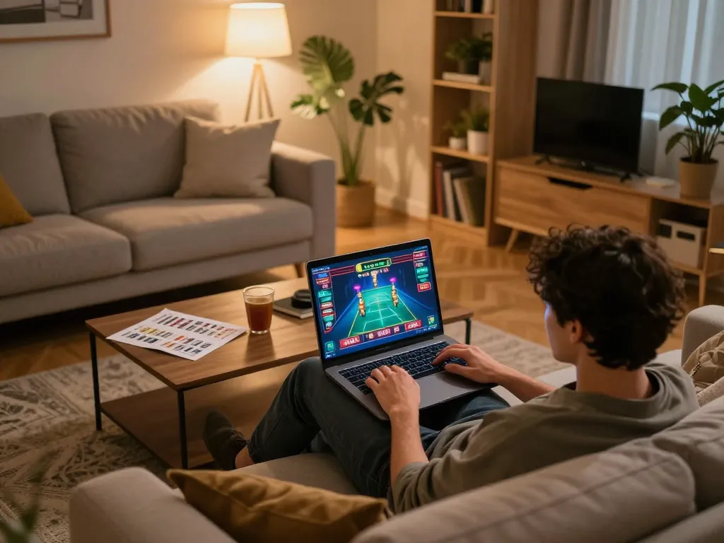 Person enjoying 23Win online casino gaming on a laptop in a cozy living room