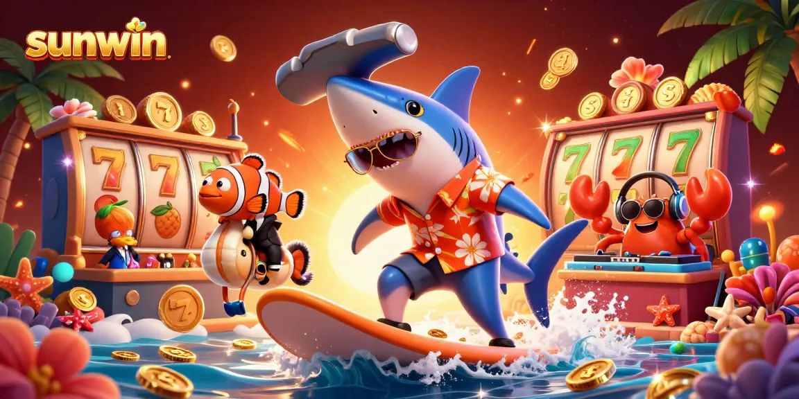 Experience sunwin excitement with a shark and clownfish in a lively casino atmosphere.