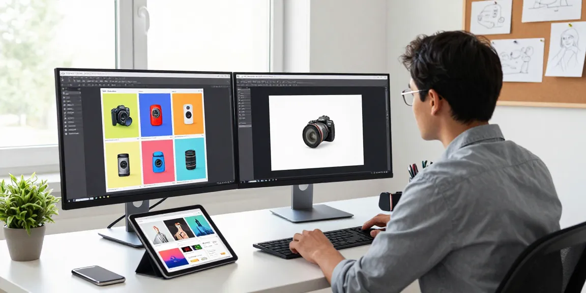 Using rmbg.pro's AI background removal tool in a modern e-commerce workspace with vibrant product images.
