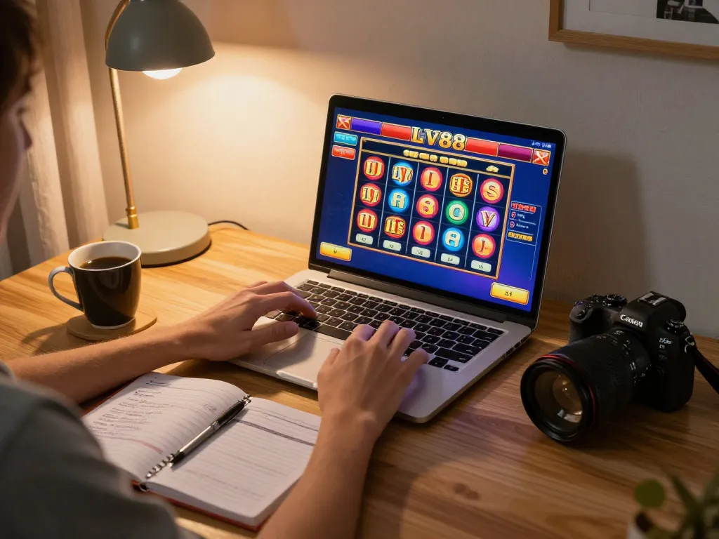 Player engaging with LV88 slots on laptop during cozy home gaming session, highlighting bankroll strategies.