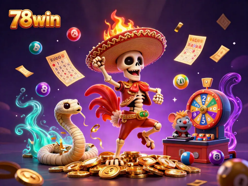 Experience the thrilling victory with 78win as a skeleton mariachi rooster dances amidst vibrant lotto elements.