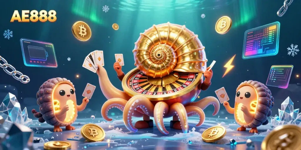 Experience the thrilling AE888 casino atmosphere with a vibrant 3D illustration showcasing a nautilus roulette wheel.