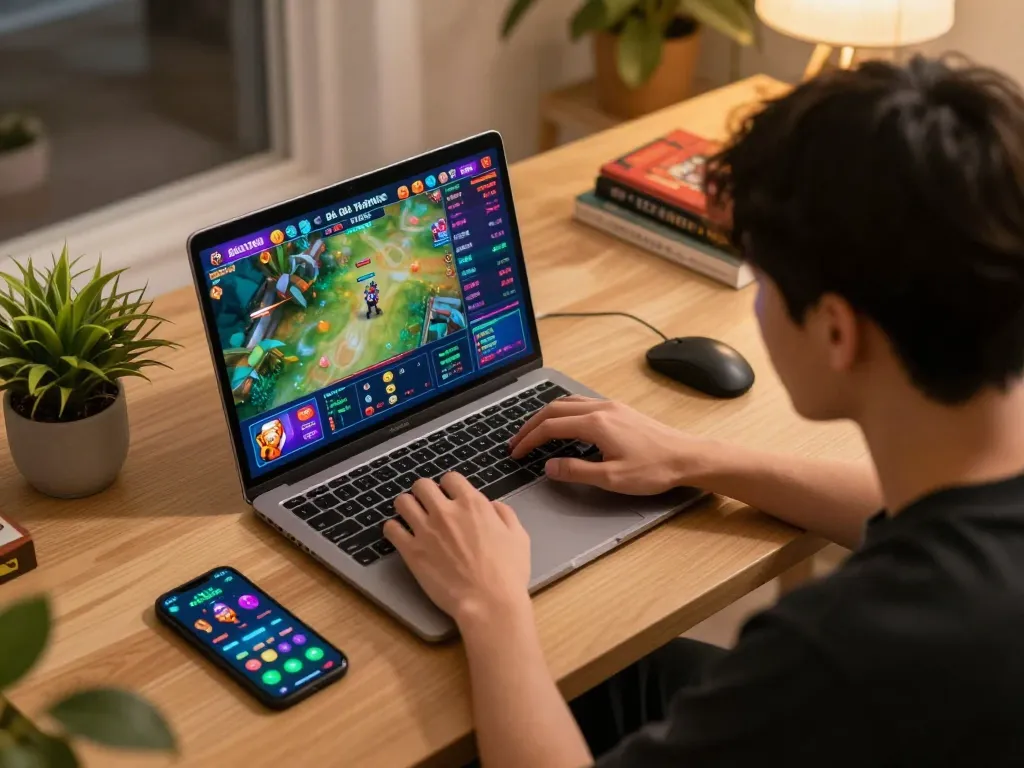 Engaged player watching Đá gà thomo live stream on laptop, showcasing online gambling excitement and strategy.