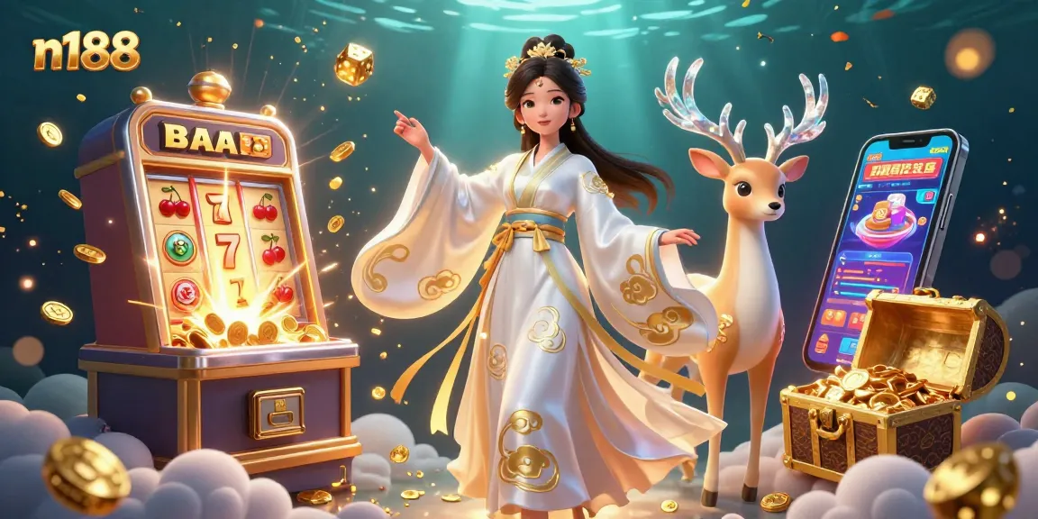 Experience the excitement of n188 with a stunning 3D illustration featuring a jackpot slot machine bursting with coins.