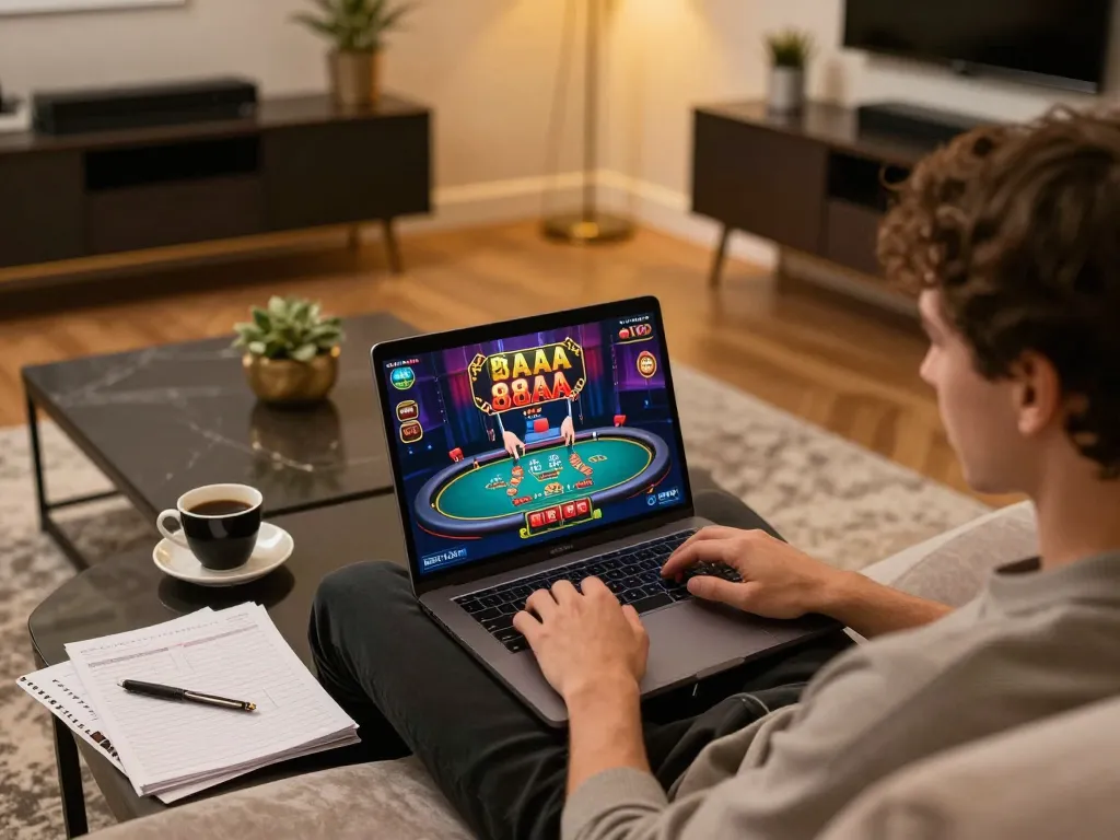 Player enjoying 88AA online games on laptop with live dealer interface in a cozy home setting