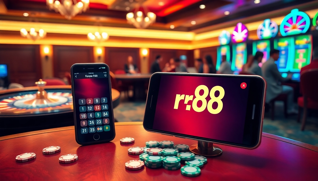Excited players exploring the rr88 app for seamless online betting in a luxurious casino setting.