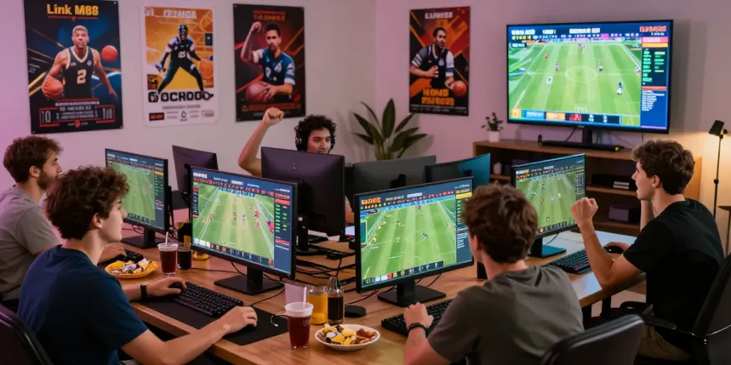 Engaged players celebrating wins on the Link M88 online betting platform in an exciting gaming environment