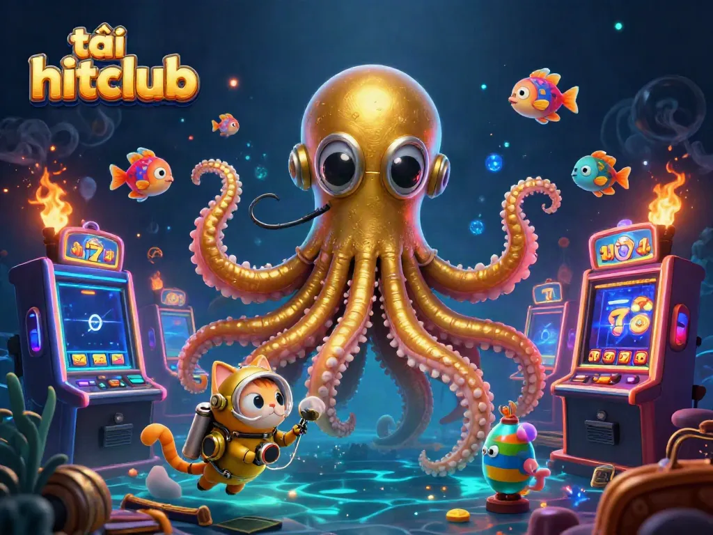 Experience the thrill of gaming as you tải hitclub amidst vibrant slot machines and a colossal kraken.