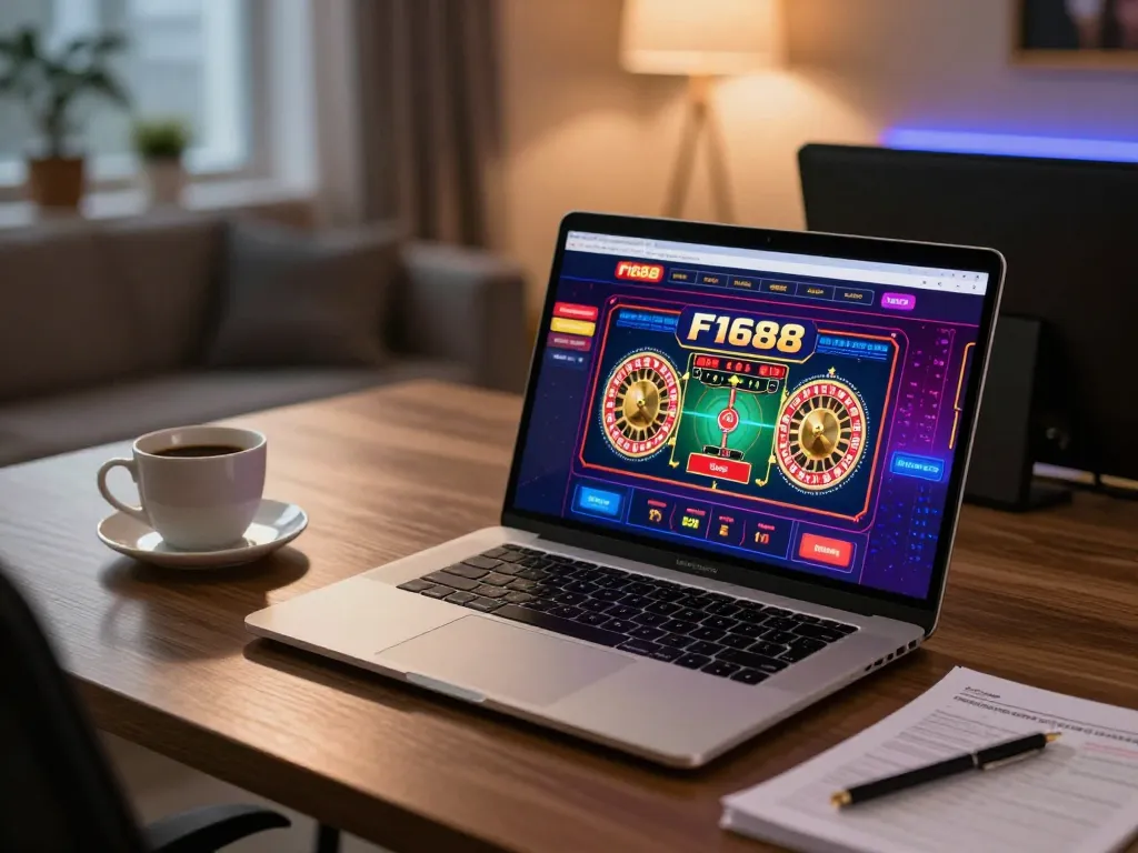 Gamer engaged with F1688 online casino, strategizing and placing bets on a laptop