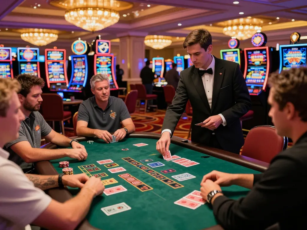 Players strategizing at a blackjack table in a lively Las Vegas casino, showcasing excitement at 888new.