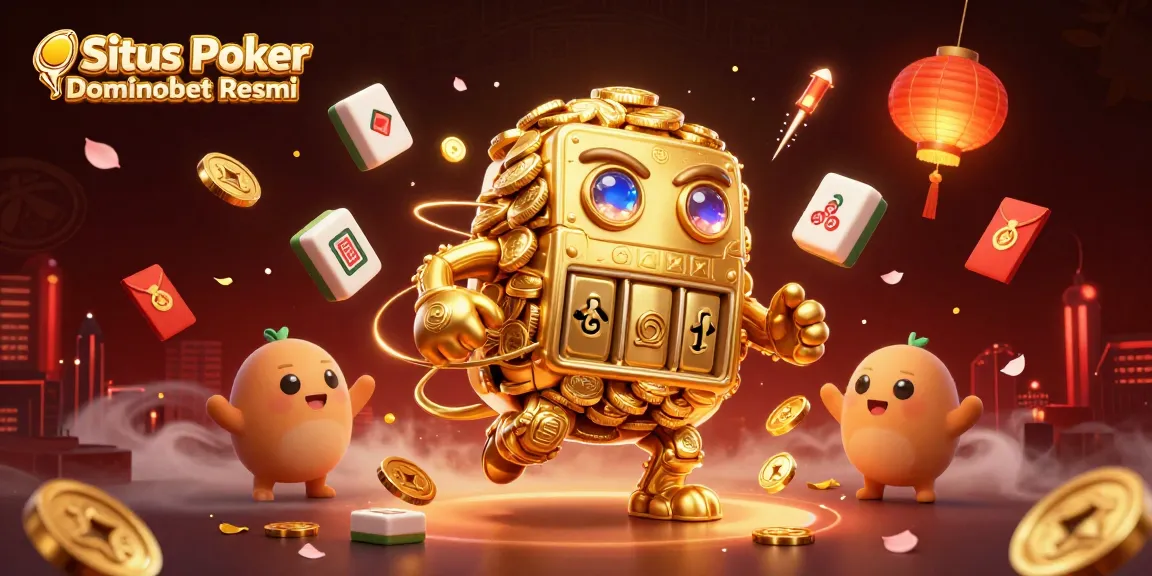 Situs Poker Dominobet Resmi featuring a vibrant 3D scene with a golden golem, poker elements, and festive decorations.