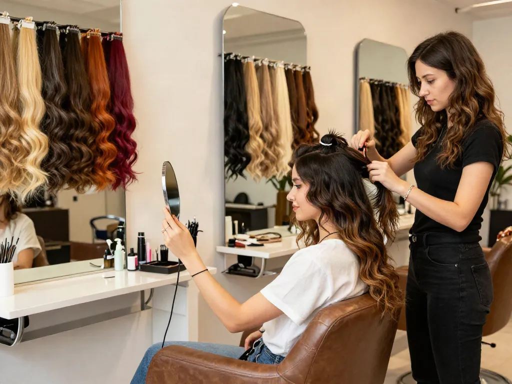 Stylish woman showcasing feather crochet hair extensions in a vibrant salon setting.