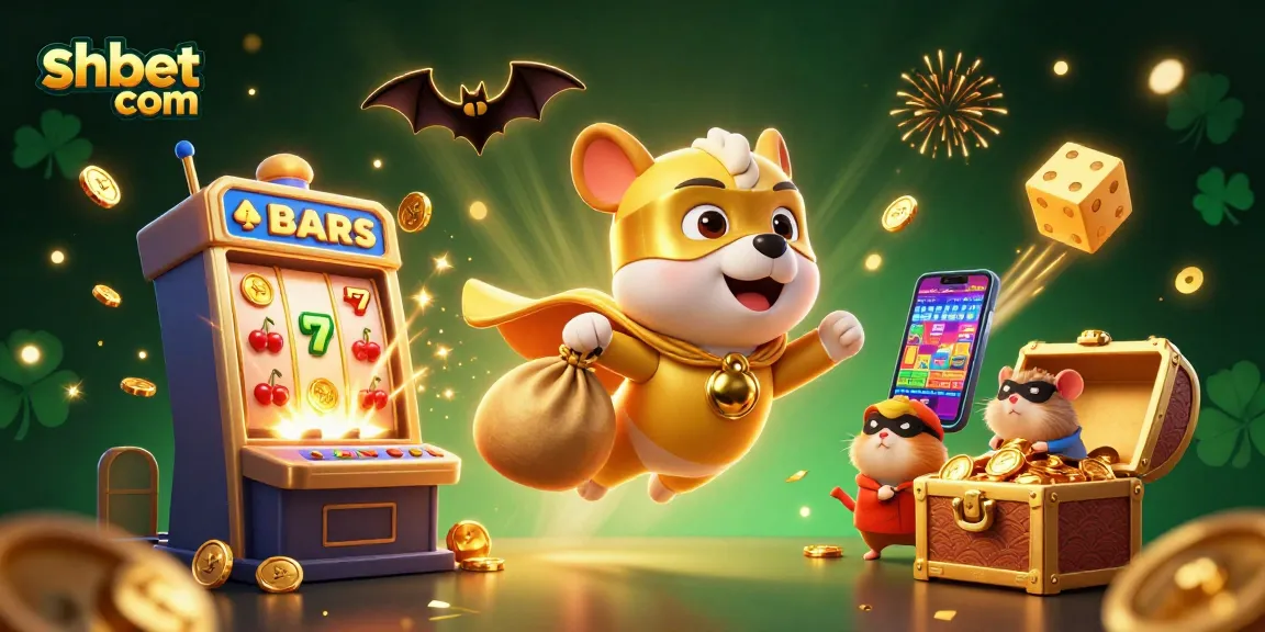 Win big with shbet com featuring a superhero dog flying over a vibrant casino scene with jackpot elements.