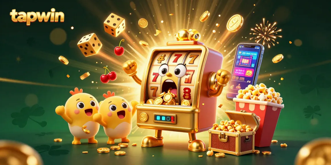 Experience the excitement of tapwin as the golden slot machine hits the jackpot, surrounded by cheering smaller slots.